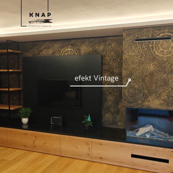 Dekorativní stěrka na krbu a obyvaci steně efek Vintage